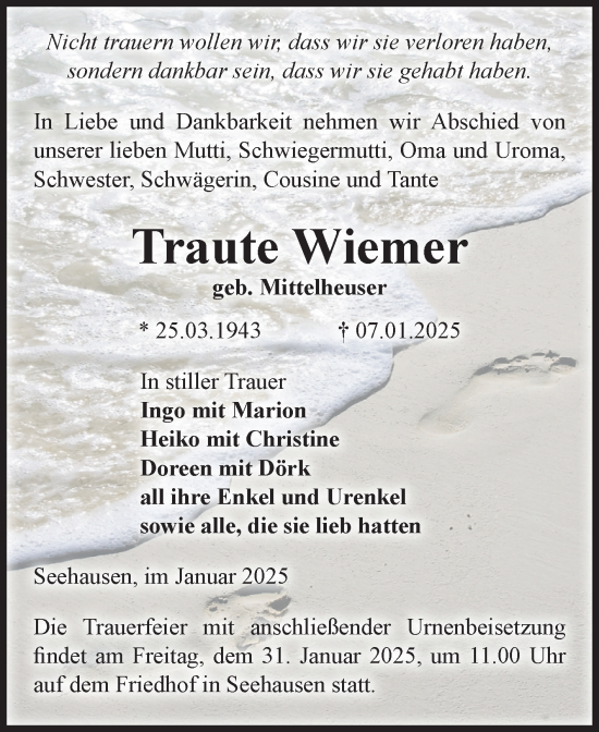 Traueranzeige von Traute Wiemer von Volksstimme Altmark Ost