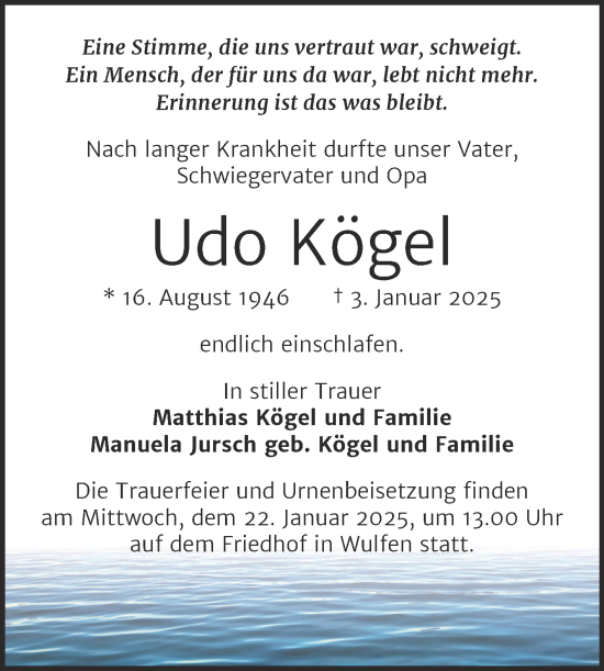 Traueranzeige von Udo Kögel von Trauerkombi Köthen
