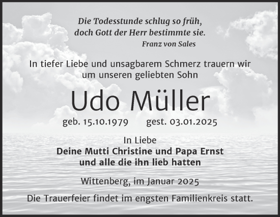 Traueranzeige von Udo Müller von Trauerkombi Wittenberg