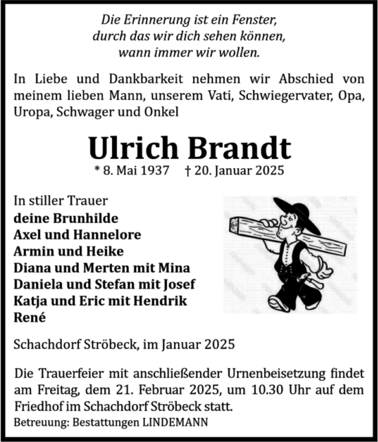 Traueranzeige von Ulrich Brandt von Volksstimme Halberstadt