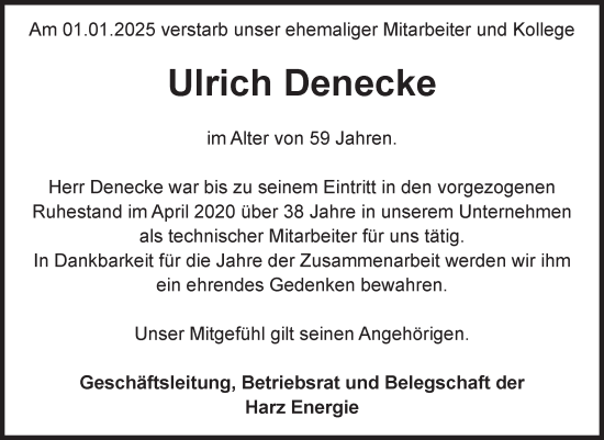 Traueranzeige von Ulrich Denecke von Volksstimme Halberstadt