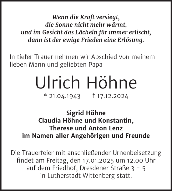 Traueranzeige von Ulrich Höhne von Trauerkombi Wittenberg