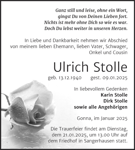 Traueranzeige von Ulrich Stolle von Trauerkombi Sangerhausen