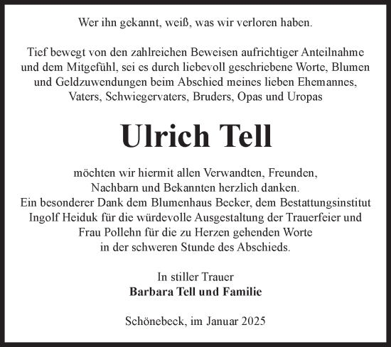 Traueranzeige von Ulrich Tell von Volksstimme Schönebeck