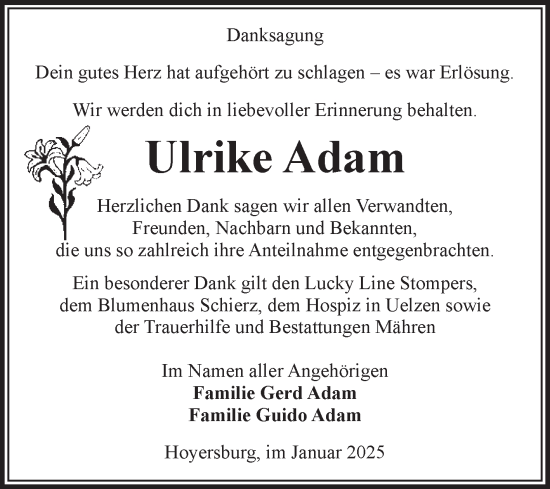 Traueranzeige von Ulrike Adam von Volksstimme Altmark West