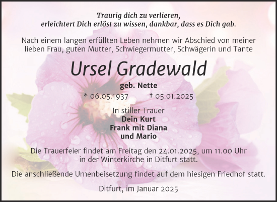 Traueranzeige von Ursel Gradewald von Trauerkombi Quedlinburg