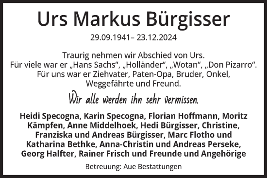 Traueranzeige von Urs Markus Bürgisser von Volksstimme Magdeburg
