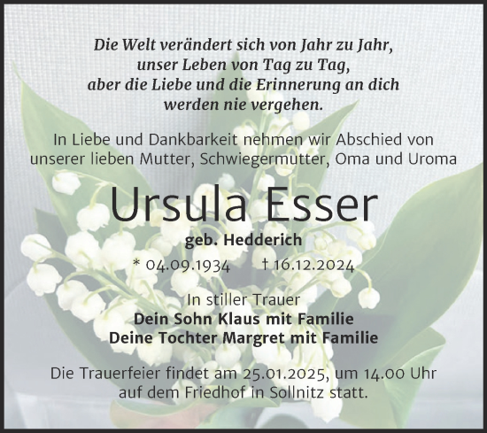 Traueranzeige von Ursula Esser von Trauerkombi Dessau