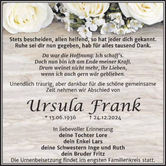 Traueranzeige von Ursula Frank von Trauerkombi Bernburg