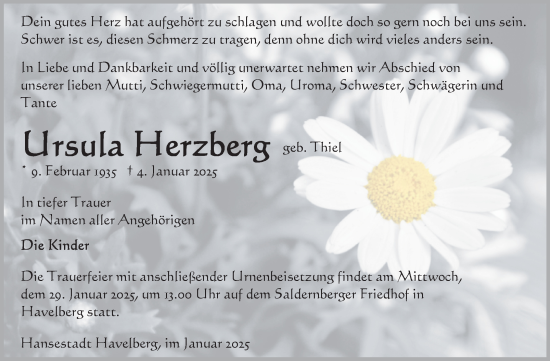 Traueranzeige von Ursula Herzberg von Volksstimme Altmark Ost