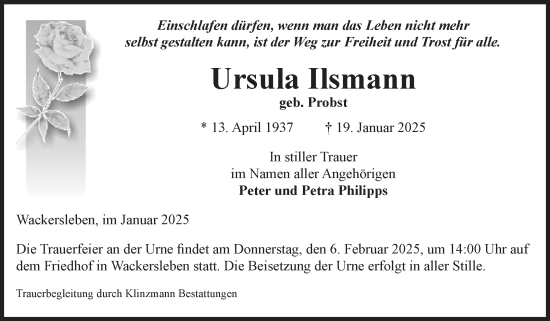 Traueranzeige von Ursula Ilsmann von Volksstimme Oschersleben/Wanzleben