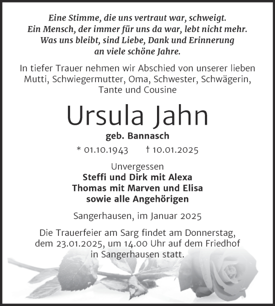Traueranzeige von Ursula Jahn von Trauerkombi Sangerhausen