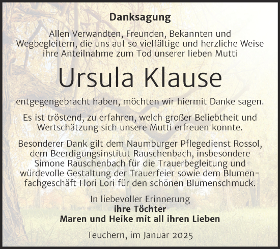 Traueranzeige von Ursula Klause von Trauerkombi Weißenfels