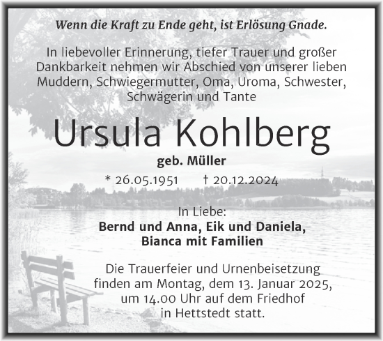 Traueranzeige von Ursula Kohlberg von Trauerkombi Mansfelder Land