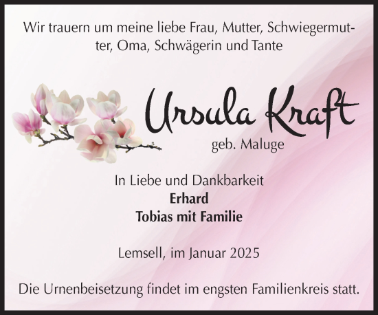 Traueranzeige von Ursula Kraft von Volksstimme Haldensleben/Wolmirstedt