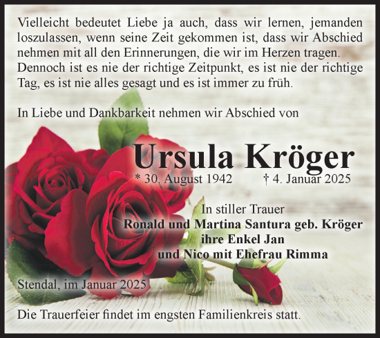 Traueranzeige von Ursula Kröger von Volksstimme Altmark Ost