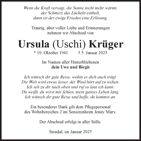 Traueranzeige von Ursula Krüger von Volksstimme Altmark Ost