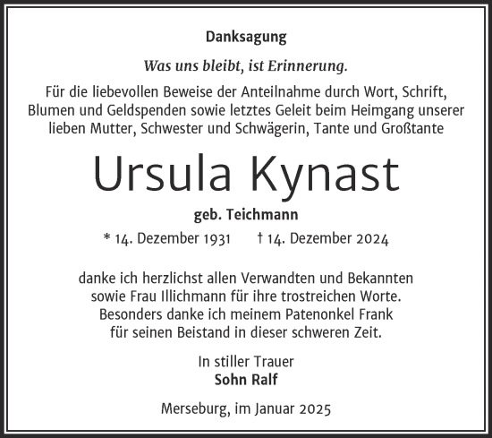 Traueranzeige von Ursula Kynast von Trauerkombi Merseburg