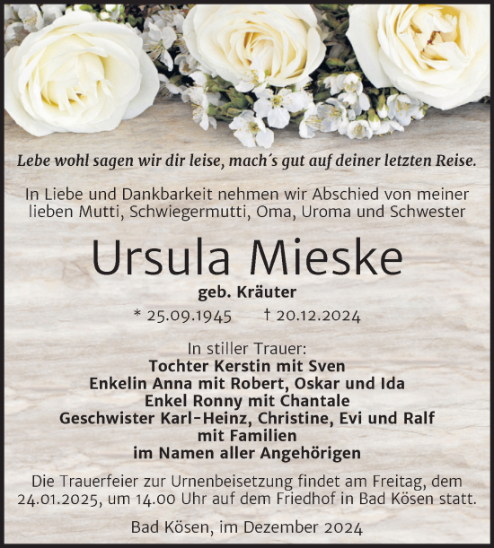 Traueranzeige von Ursula Mieske von Super Sonntag Naumburg/Nebra