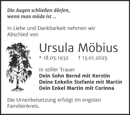Traueranzeige von Ursula Möbius von Trauerkombi Wittenberg
