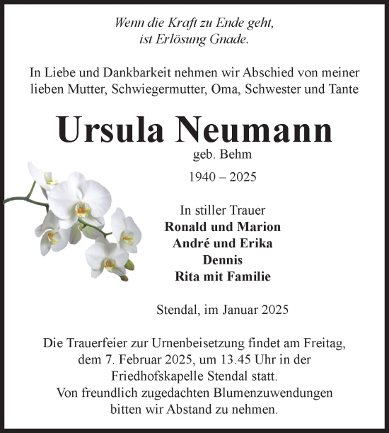 Traueranzeige von Ursula Neumann von Volksstimme Altmark Ost