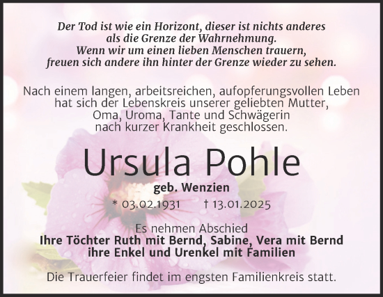 Traueranzeige von Ursula Pohle von Volksstimme Burg/Genthin