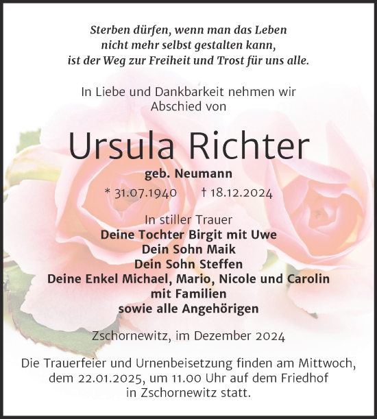 Traueranzeige von Ursula Richter von Trauerkombi Wittenberg