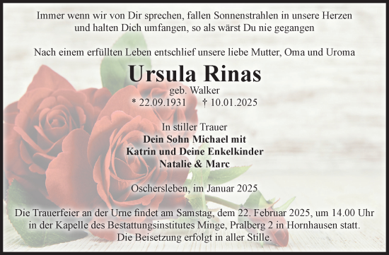 Traueranzeige von Ursula Rinas von Volksstimme Oschersleben/Wanzleben