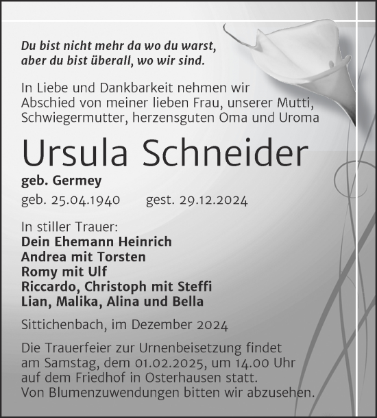 Traueranzeige von Ursula Schneider von Trauerkombi Mansfelder Land