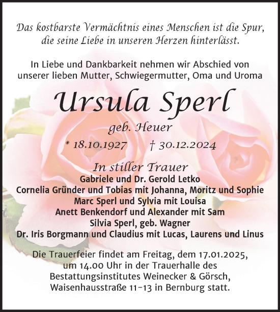 Traueranzeige von Ursula Sperl von Trauerkombi Bernburg