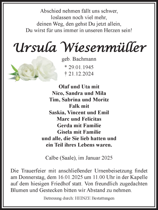 Traueranzeige von Ursula Wiesenmüller von Volksstimme Schönebeck