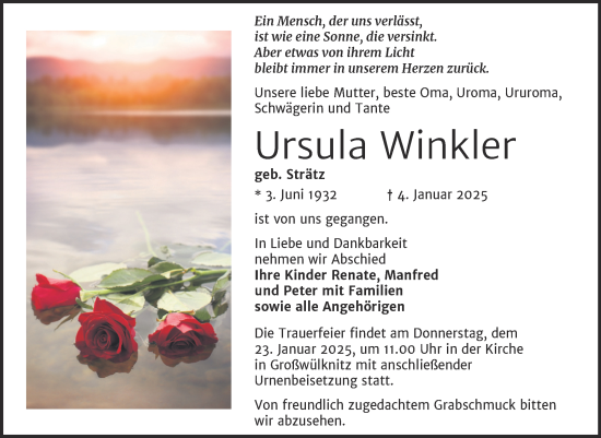 Traueranzeige von Ursula Winkler von Trauerkombi Köthen