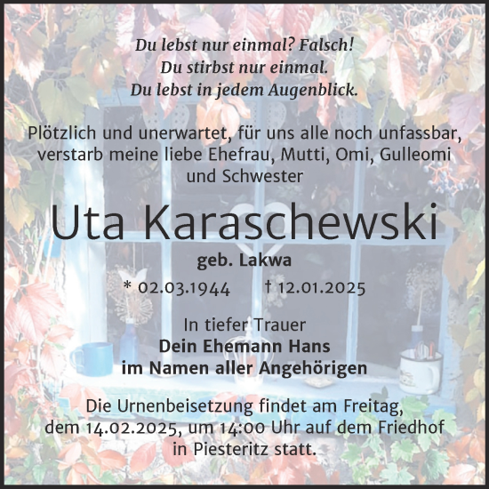 Traueranzeige von Uta Karaschewski von Trauerkombi Wittenberg