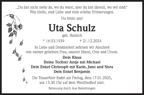 Traueranzeige von Uta Schulz von Volksstimme Magdeburg