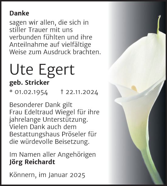 Traueranzeige von Ute Egert von Trauerkombi Bernburg