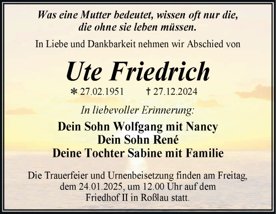 Traueranzeige von Ute Friedrich von Trauerkombi Dessau