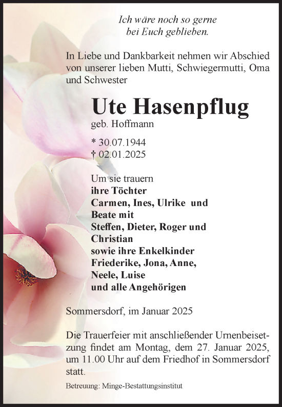 Traueranzeige von Ute Hasenpflug von Volksstimme Oschersleben/Wanzleben