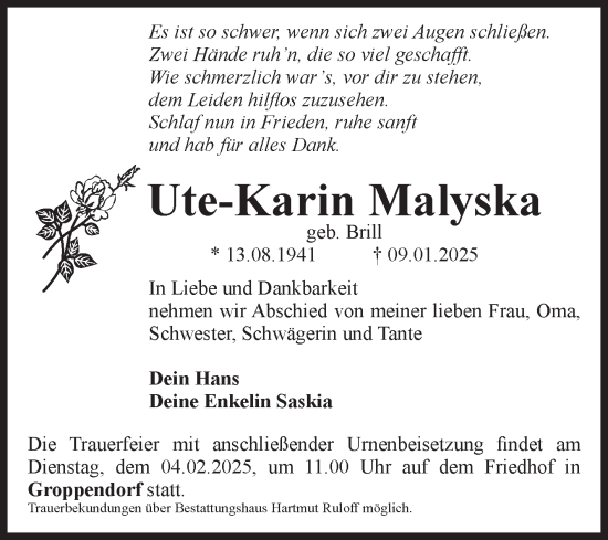 Traueranzeige von Ute-Karin Malyska von Volksstimme Haldensleben/Wolmirstedt