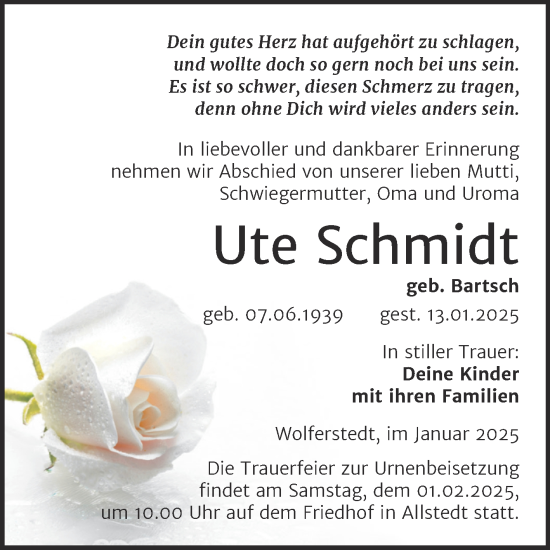 Traueranzeige von Ute Schmidt von Trauerkombi Sangerhausen