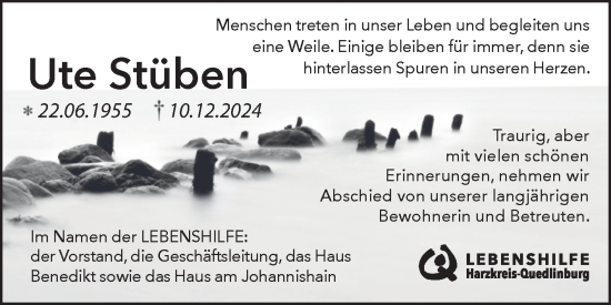 Traueranzeige von Ute Stüben von Super Sonntag Quedlingburg