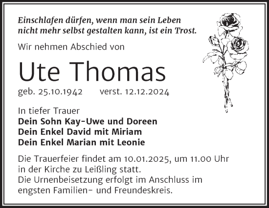 Traueranzeige von Ute Thomas von Trauerkombi Weißenfels