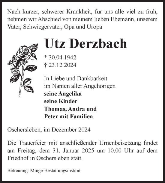 Traueranzeige von Utz Derzbach von Volksstimme Oschersleben/Wanzleben