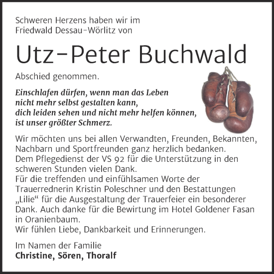 Traueranzeige von Utz-Peter Buchwald von Trauerkombi Dessau