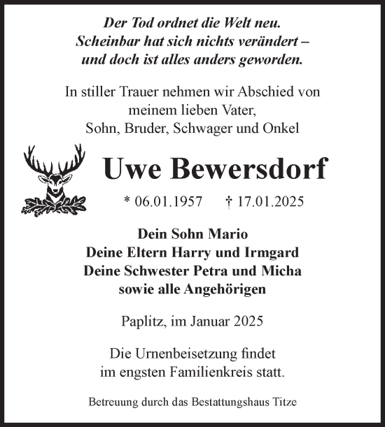 Traueranzeige von Uwe Bewersdorf von Volksstimme Burg/Genthin