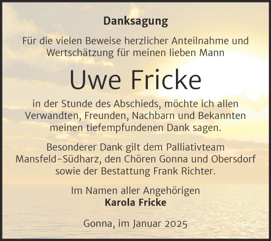 Traueranzeige von Uwe Fricke von Trauerkombi Sangerhausen