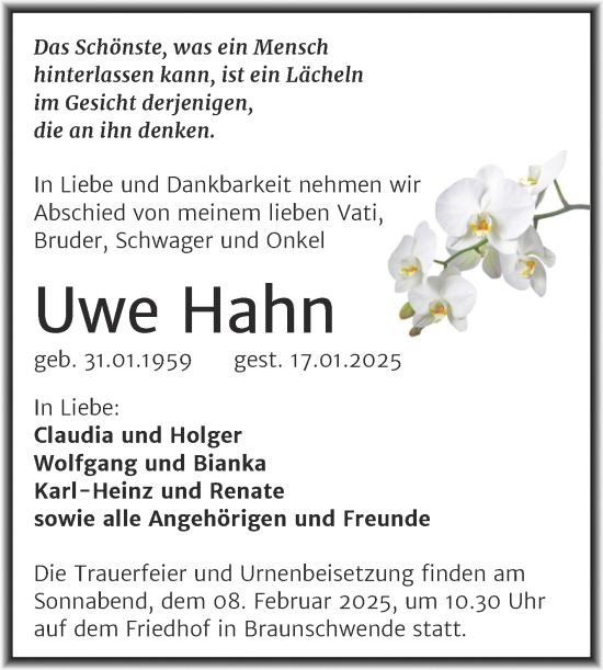 Traueranzeige von Uwe Hahn von Trauerkombi Mansfelder Land