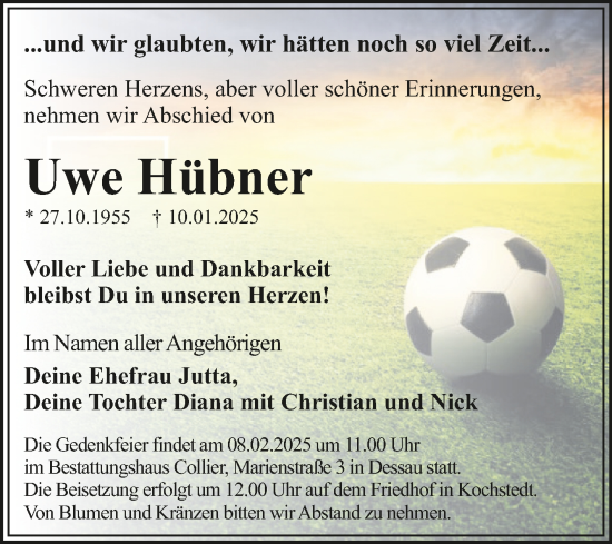 Traueranzeige von Uwe Hübner von Trauerkombi Dessau