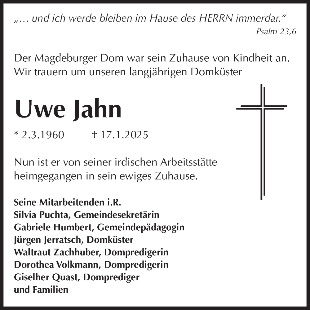  Traueranzeige für Uwe Jahn vom 25.01.2025 aus Volksstimme Magdeburg