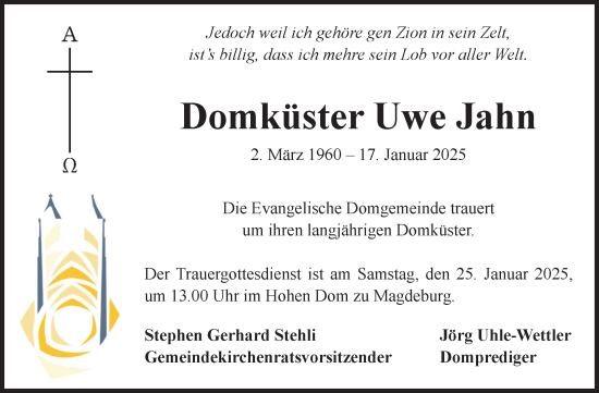 Traueranzeige von Uwe Jahn von Volksstimme Magdeburg