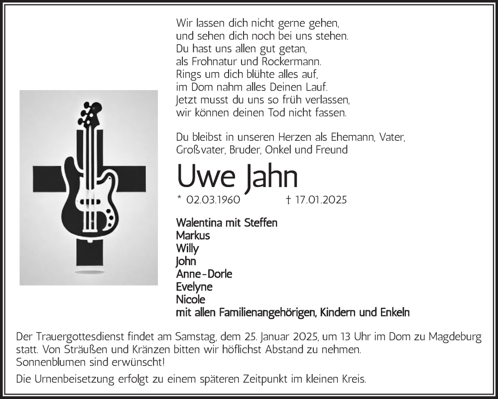  Traueranzeige für Uwe Jahn vom 22.01.2025 aus Volksstimme Magdeburg
